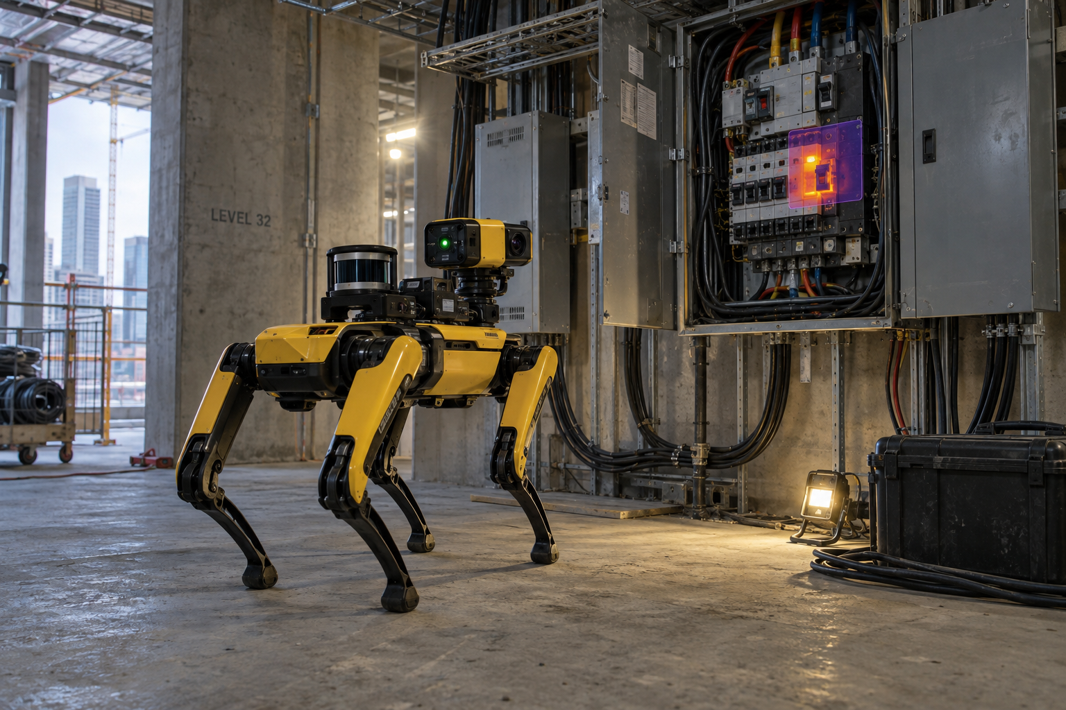 Illustrative quadruped robot detecting a thermal hotspot in a temporary electrical panel