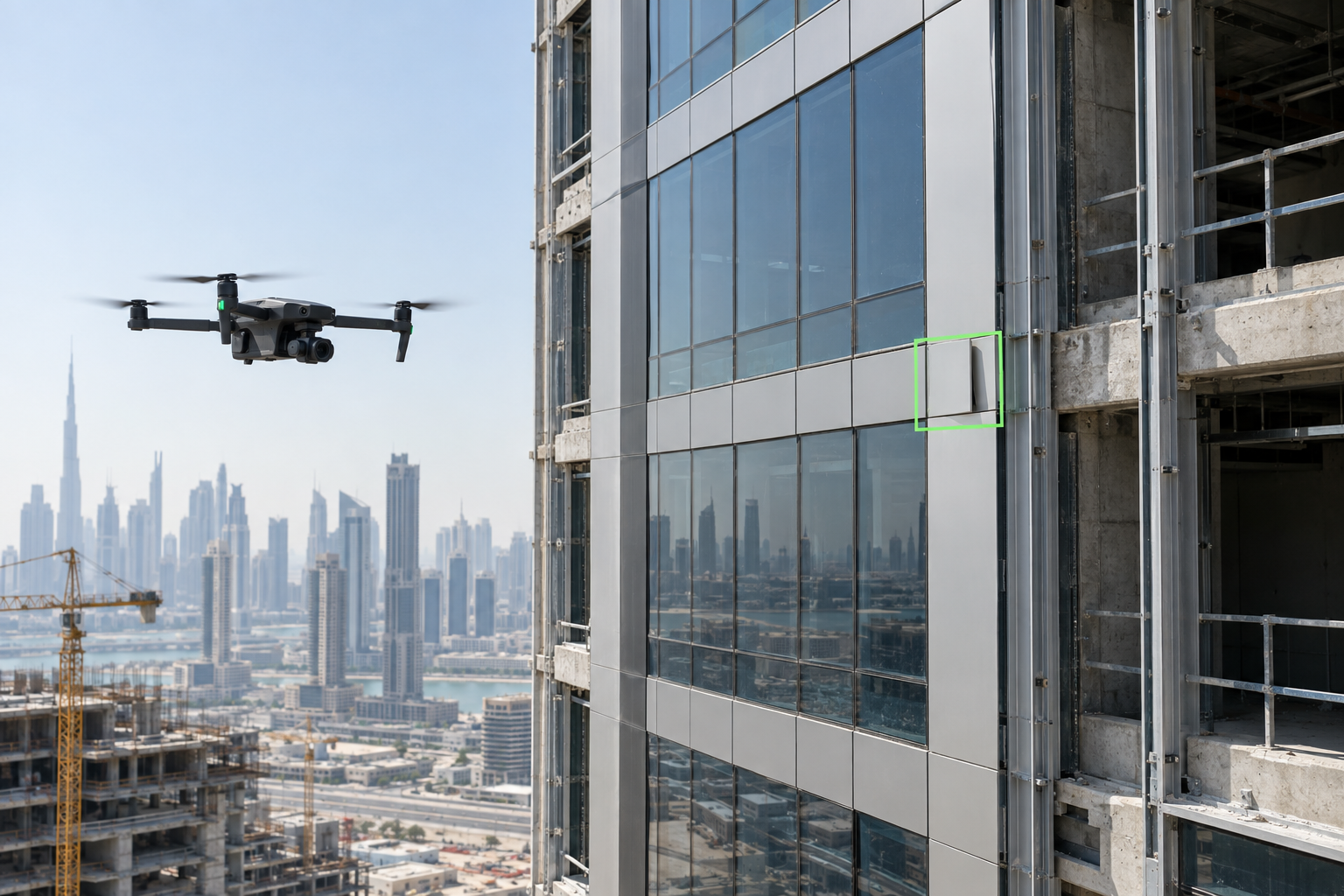 Illustrative inspection drone identifying a displaced façade panel on a Dubai high-rise