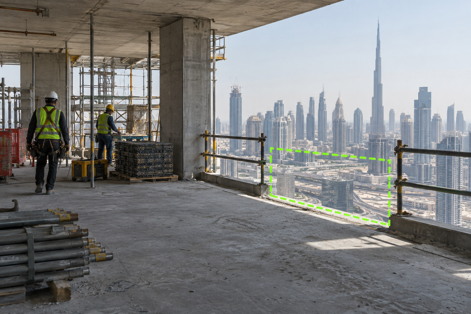 Illustrative Dubai high-rise floor with a missing edge-protection section detected by Vision AI