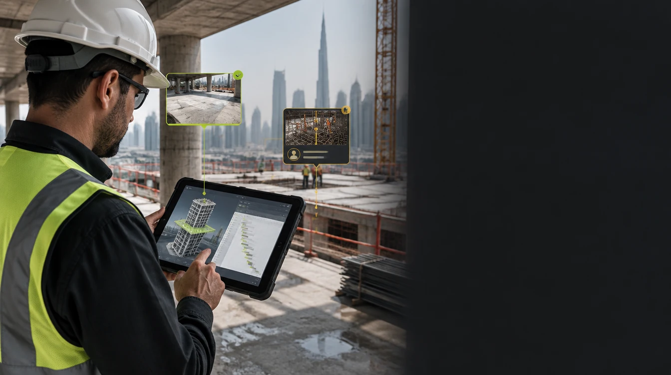 Illustrative project engineer comparing field evidence with a BIM model and programme