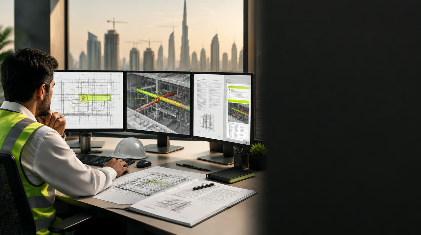 Illustrative engineer reviewing coordinated drawings, specifications and a BIM issue