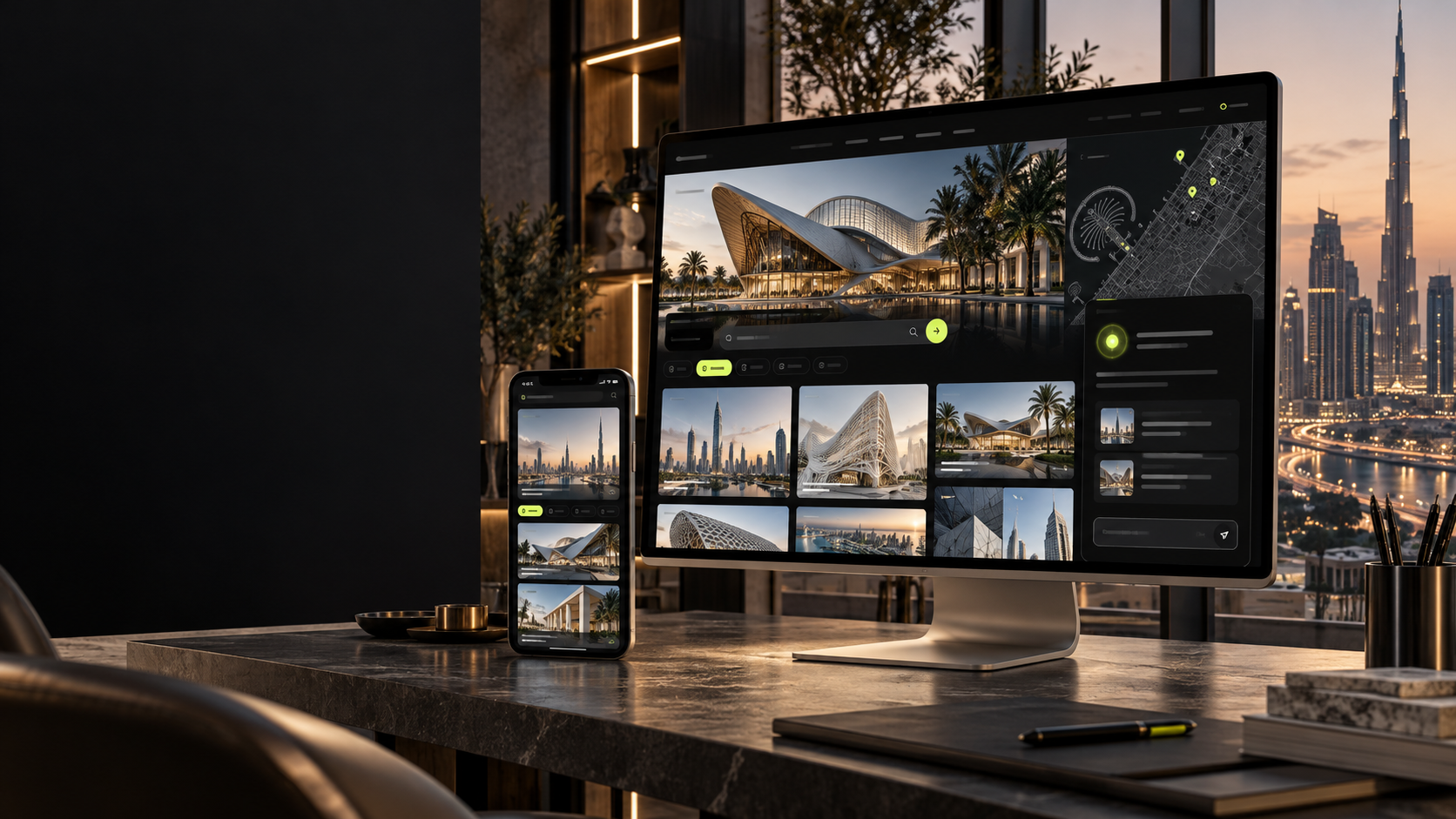 Premium architecture portfolio website shown on desktop and mobile in a Dubai studio