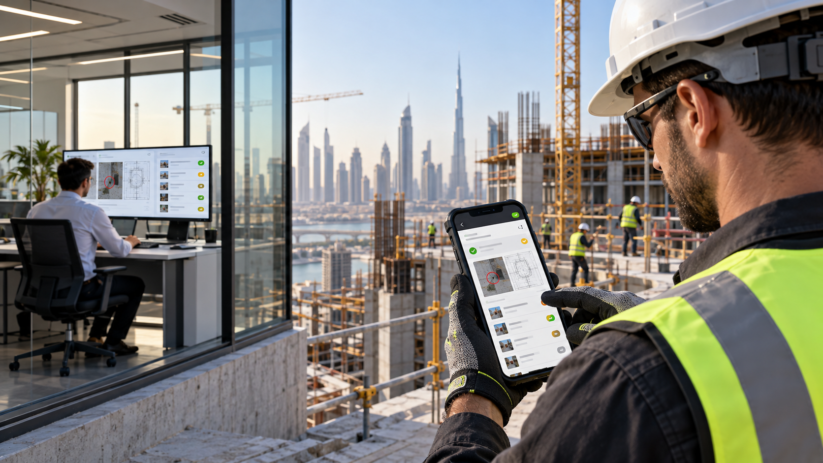 Site engineer and office project manager sharing the same live task through a mobile application