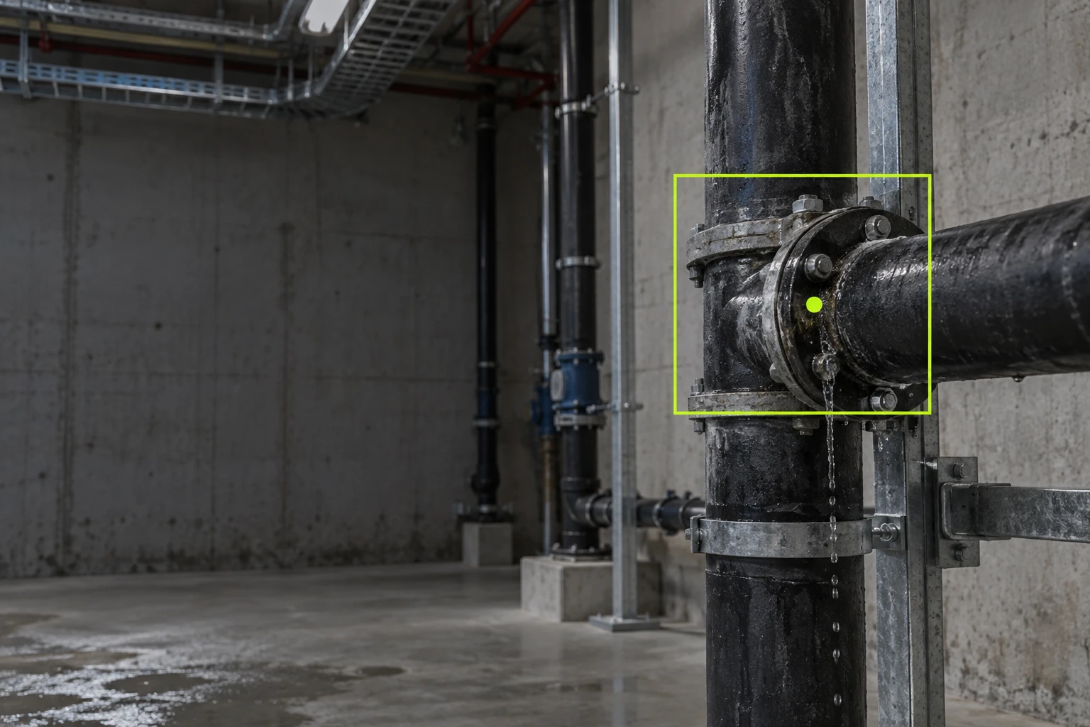 Water leak detected on a pipe joint in a plant room
