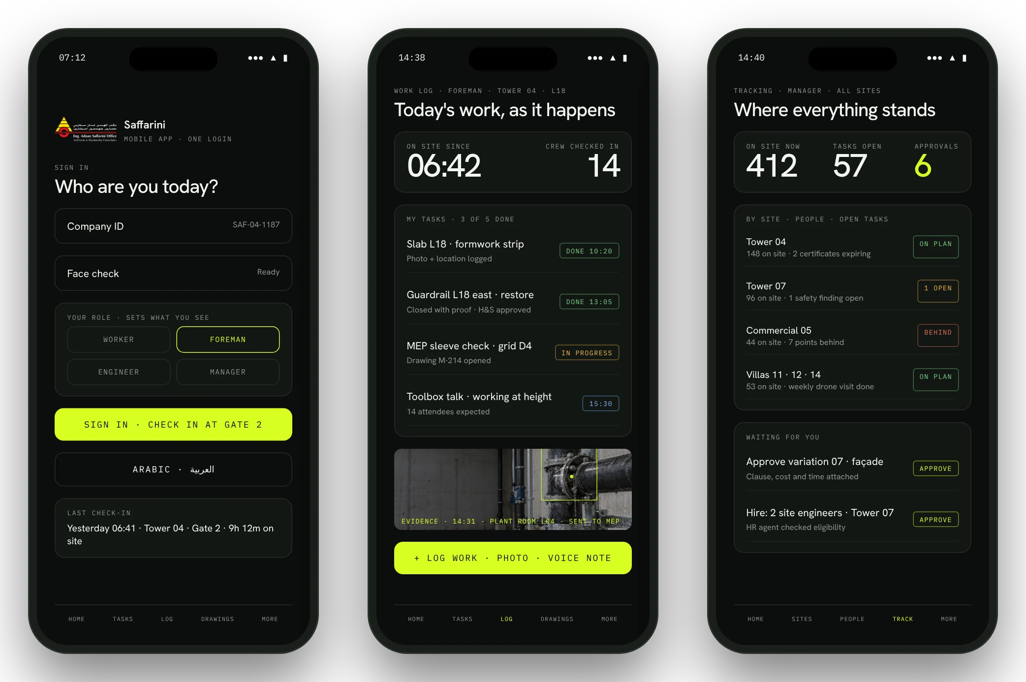 Three illustrative Saffarini mobile app screens: sign-in, work log and tracking