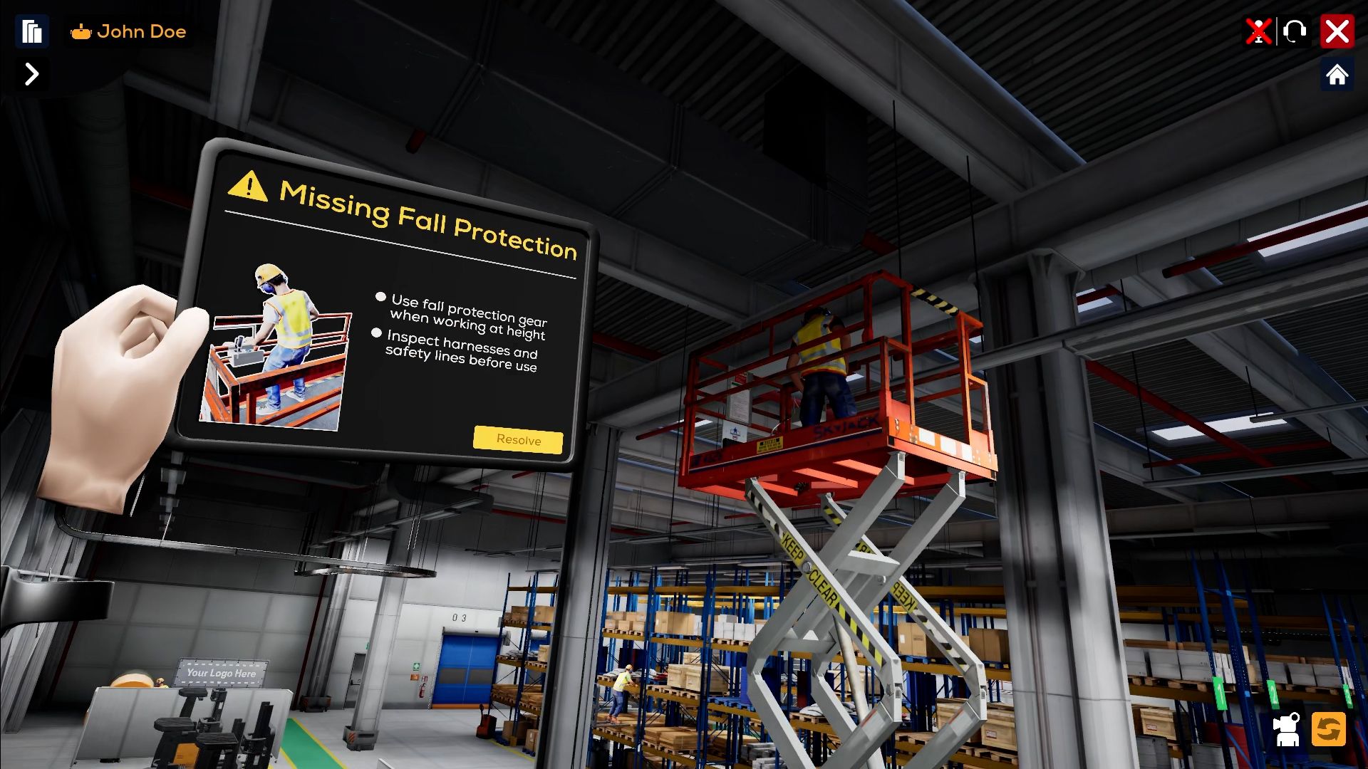 OneBonsai virtual reality hazard training scene showing missing fall protection on a scissor lift