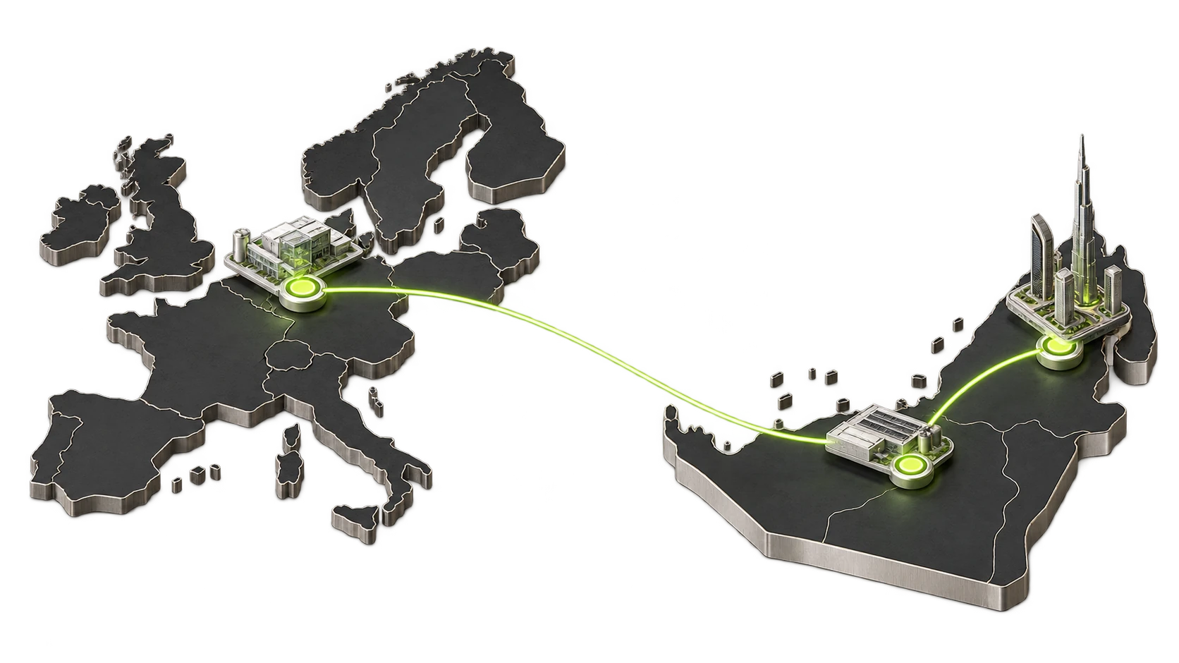 Three-dimensional map connecting OneBonsai in Belgium to OneBonsai Gulf in Abu Dhabi and Saffarini in Dubai