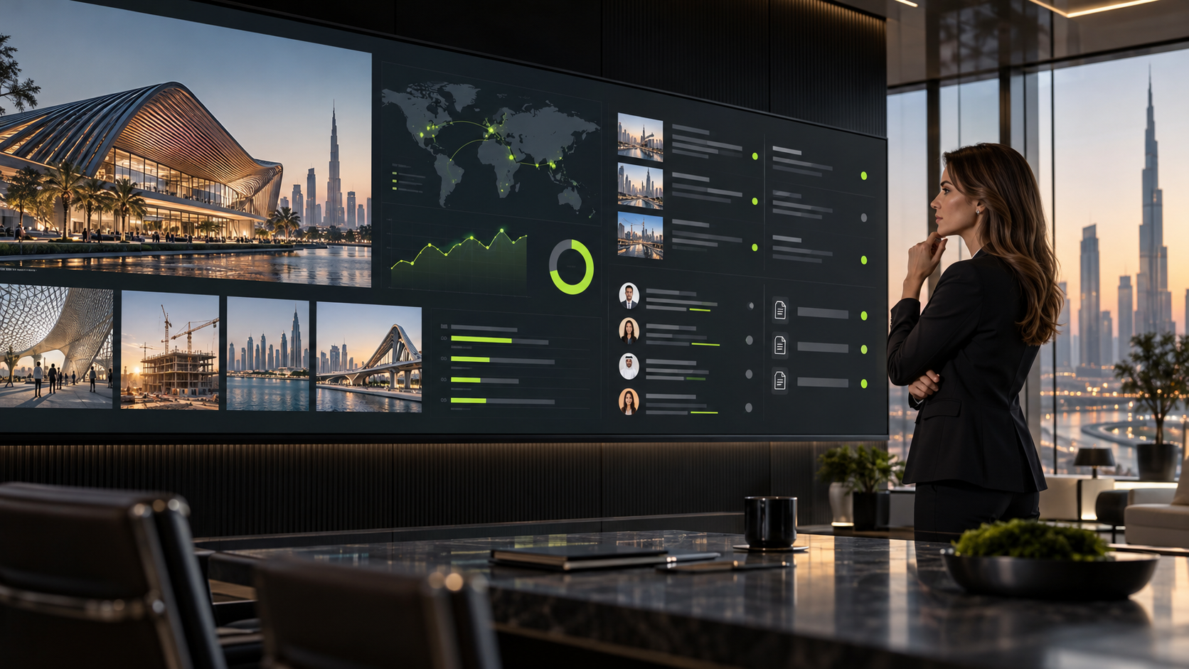 Communications director reviewing project coverage, approvals and audience response in a Dubai office